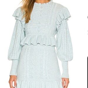 MAJORELLE Langley Cable Ruffle Sweater in Baby Blue